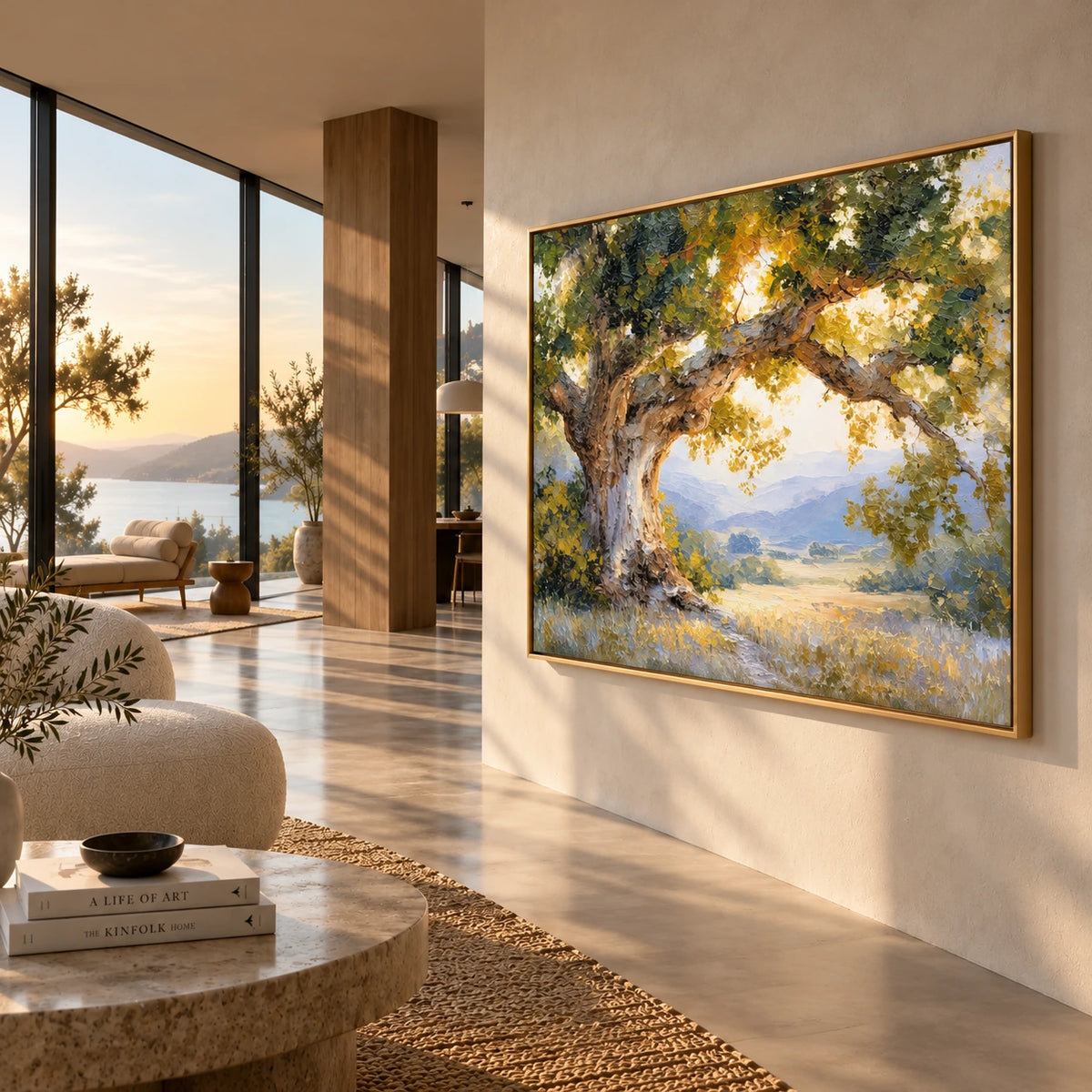 Sunlit Oak artwork displayed on a bright wall beside a terrace.