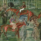 Paddock Gathering full artwork. Riders, horses, and elegantly dressed figures gather across a green paddock in an animated arrangement of loose lines.