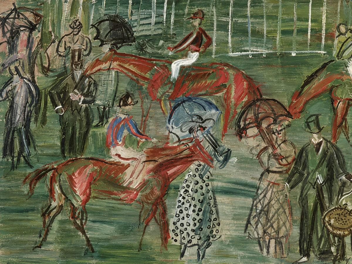 Paddock Gathering full artwork. Riders, horses, and elegantly dressed figures gather across a green paddock in an animated arrangement of loose lines.