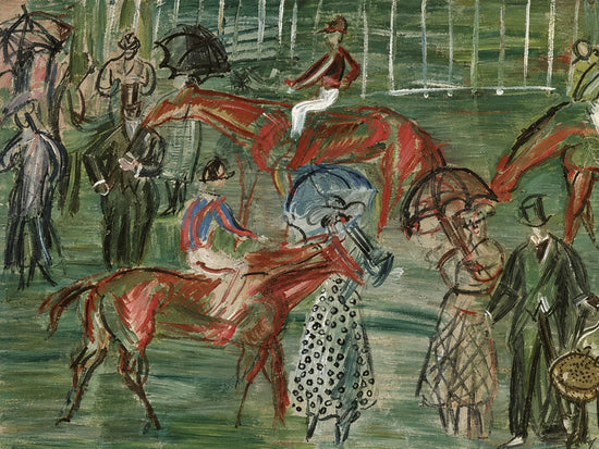 Paddock Gathering full artwork. Riders, horses, and elegantly dressed figures gather across a green paddock in an animated arrangement of loose lines.