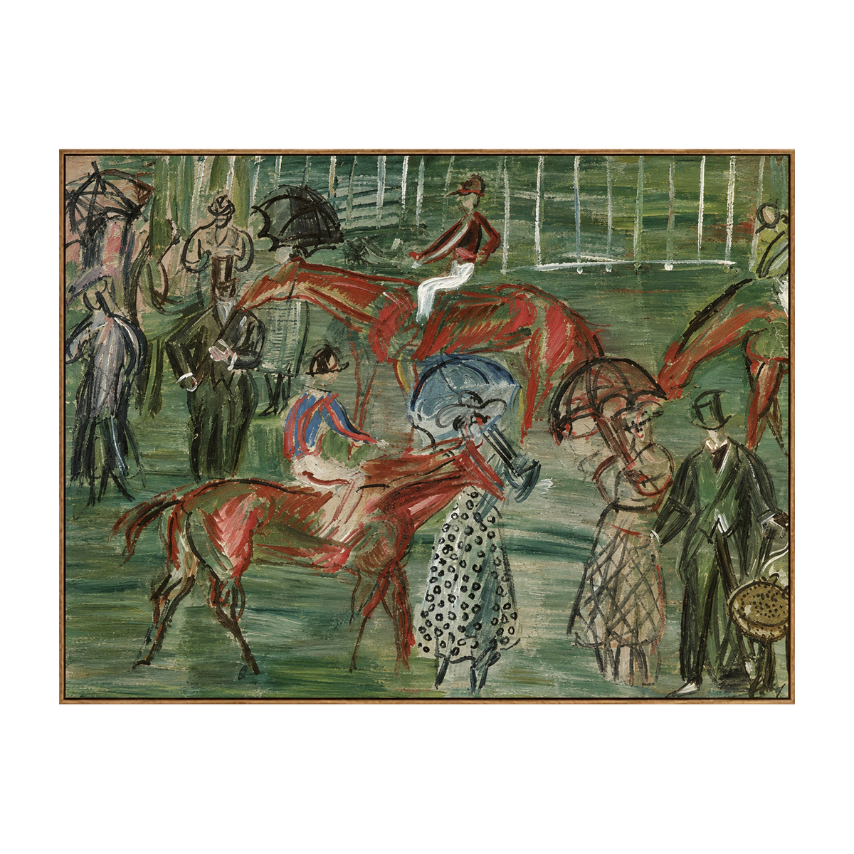 Paddock Gathering artwork in a natural wood frame on a transparent background.