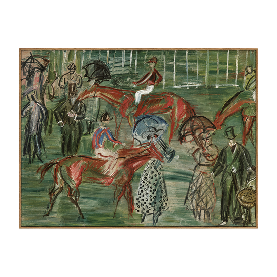 Paddock Gathering artwork in a natural wood frame on a transparent background.