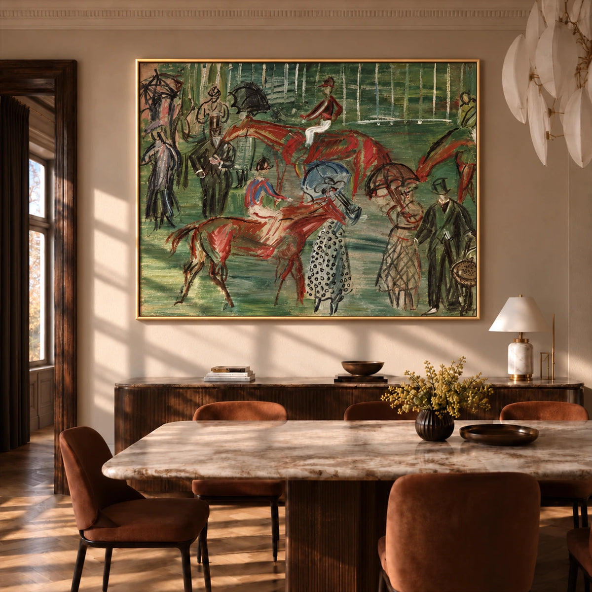 Paddock Gathering artwork displayed above a wooden dining table.