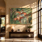 Paddock Gathering artwork displayed above a wooden console in an entryway.