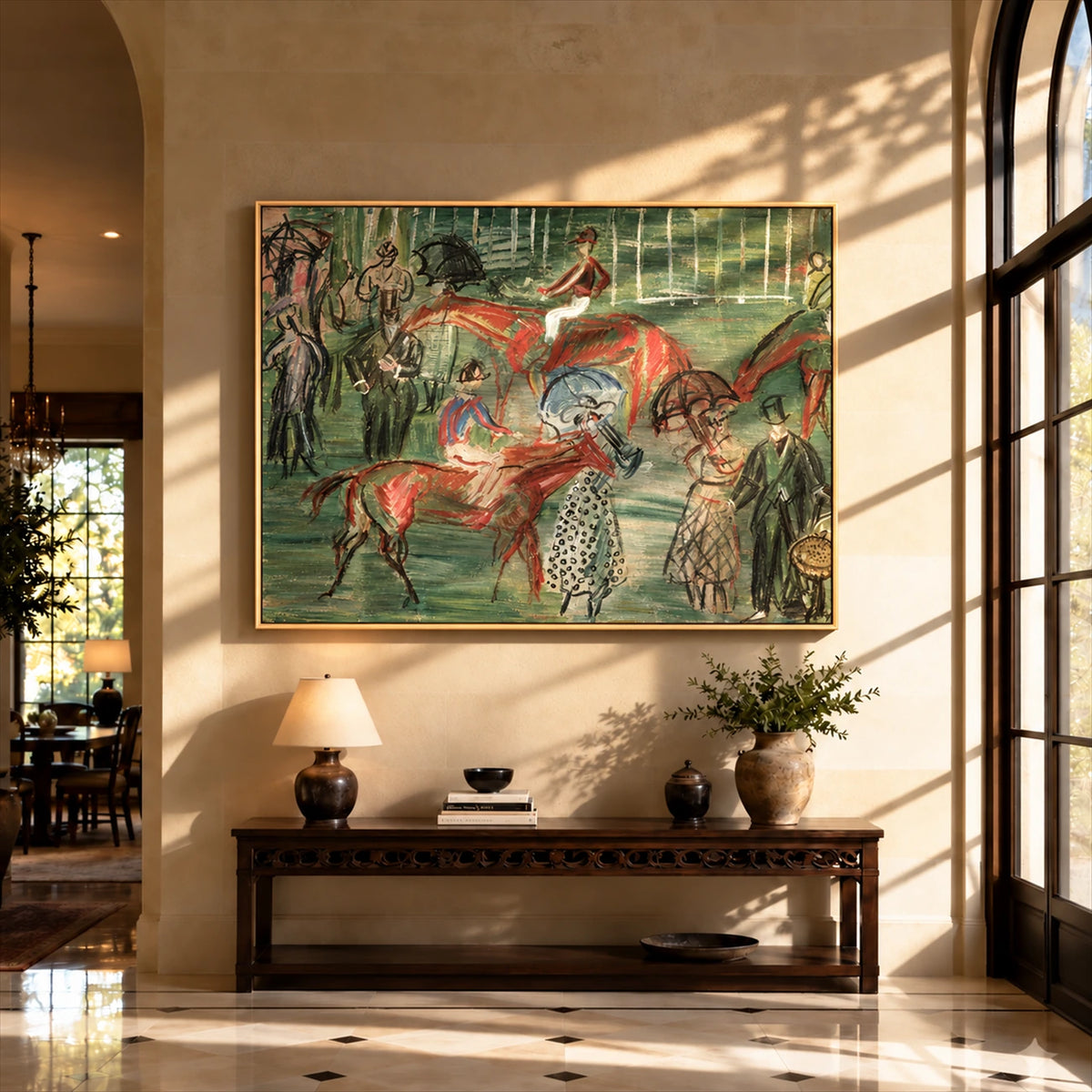 Paddock Gathering artwork displayed above a wooden console in an entryway.
