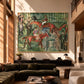Paddock Gathering artwork displayed above a dark console behind green seating.