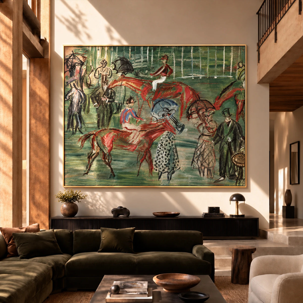 Paddock Gathering artwork displayed above a dark console behind green seating.