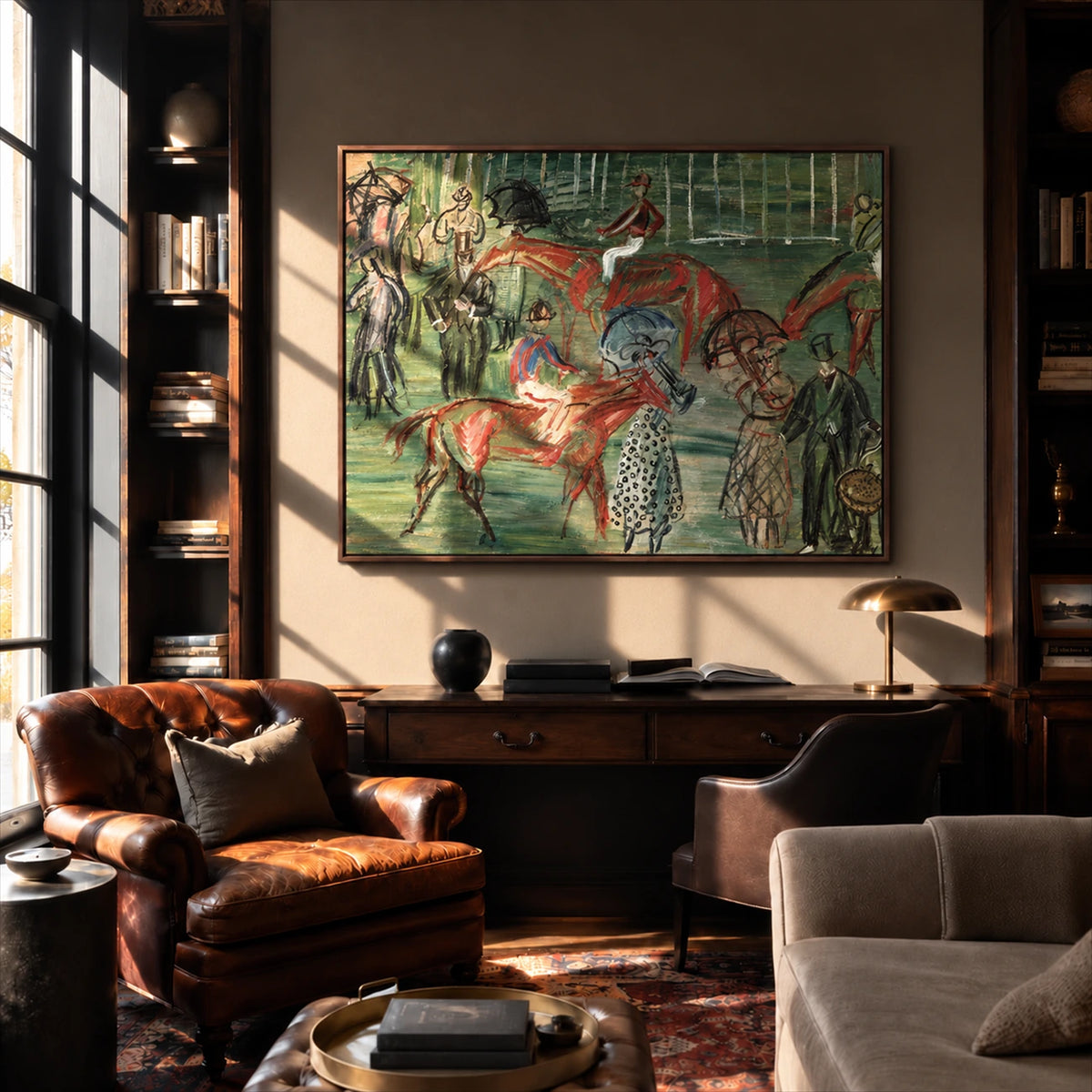 Paddock Gathering artwork displayed above a desk between leather chairs.