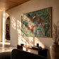 Paddock Gathering artwork displayed above a low console in a sunlit lounge.