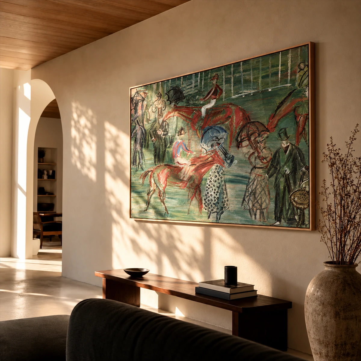 Paddock Gathering artwork displayed above a low console in a sunlit lounge.
