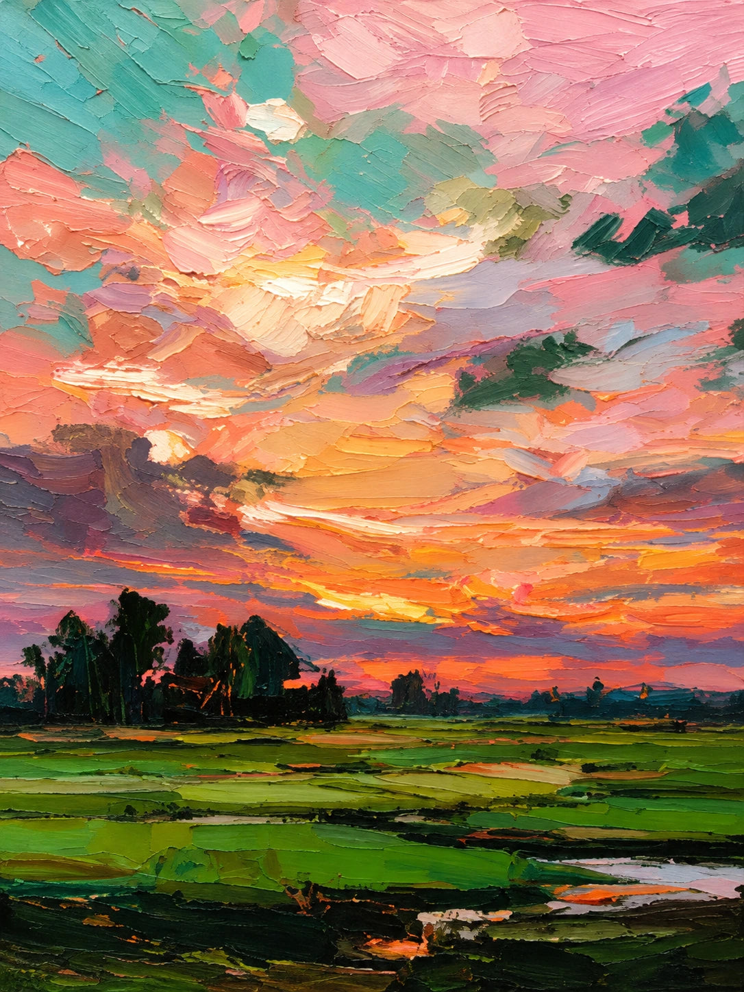 Coral Daybreak full artwork. Coral, pink, and golden clouds sweep across a turquoise sky above a vivid green field.