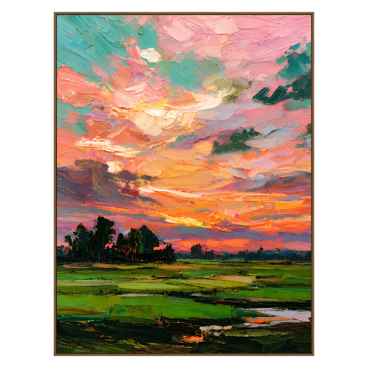 Coral Daybreak artwork in a natural wood frame on a transparent background.