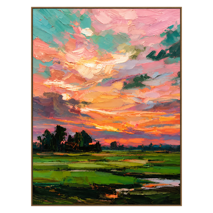 Coral Daybreak artwork in a natural wood frame on a transparent background.