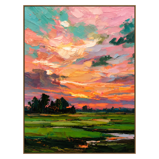 Coral Daybreak artwork in a natural wood frame on a transparent background.