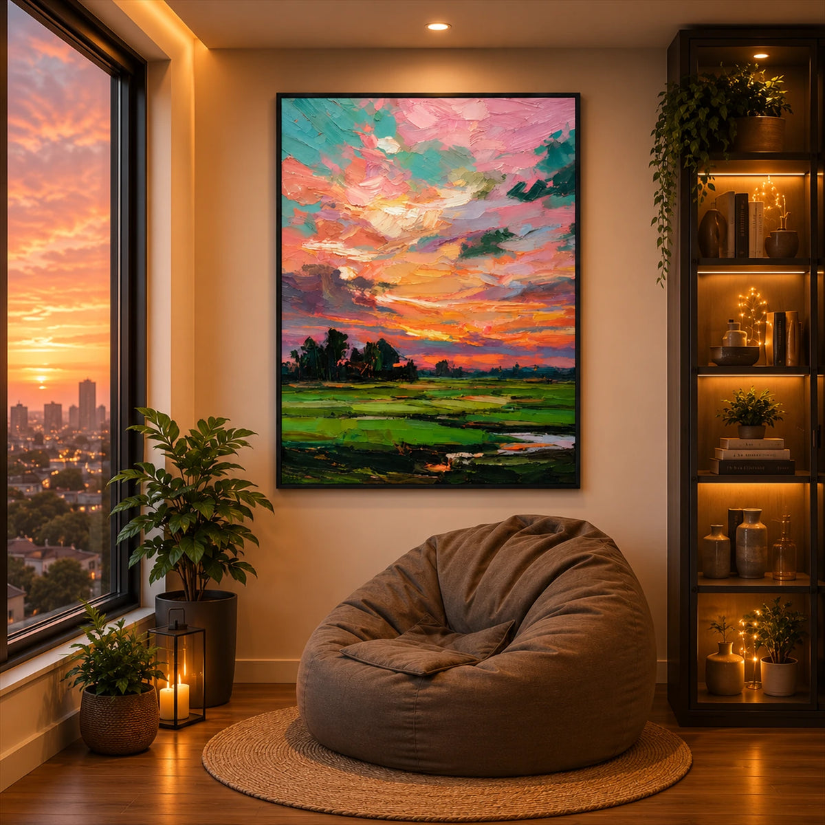 Coral Daybreak artwork displayed above a soft lounge chair beside a window.