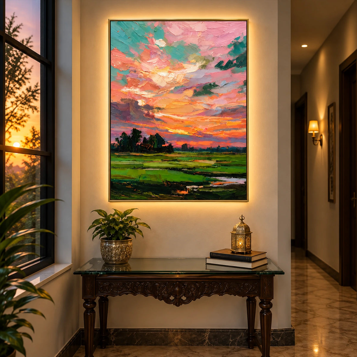 Coral Daybreak artwork displayed above an ornate wooden console.