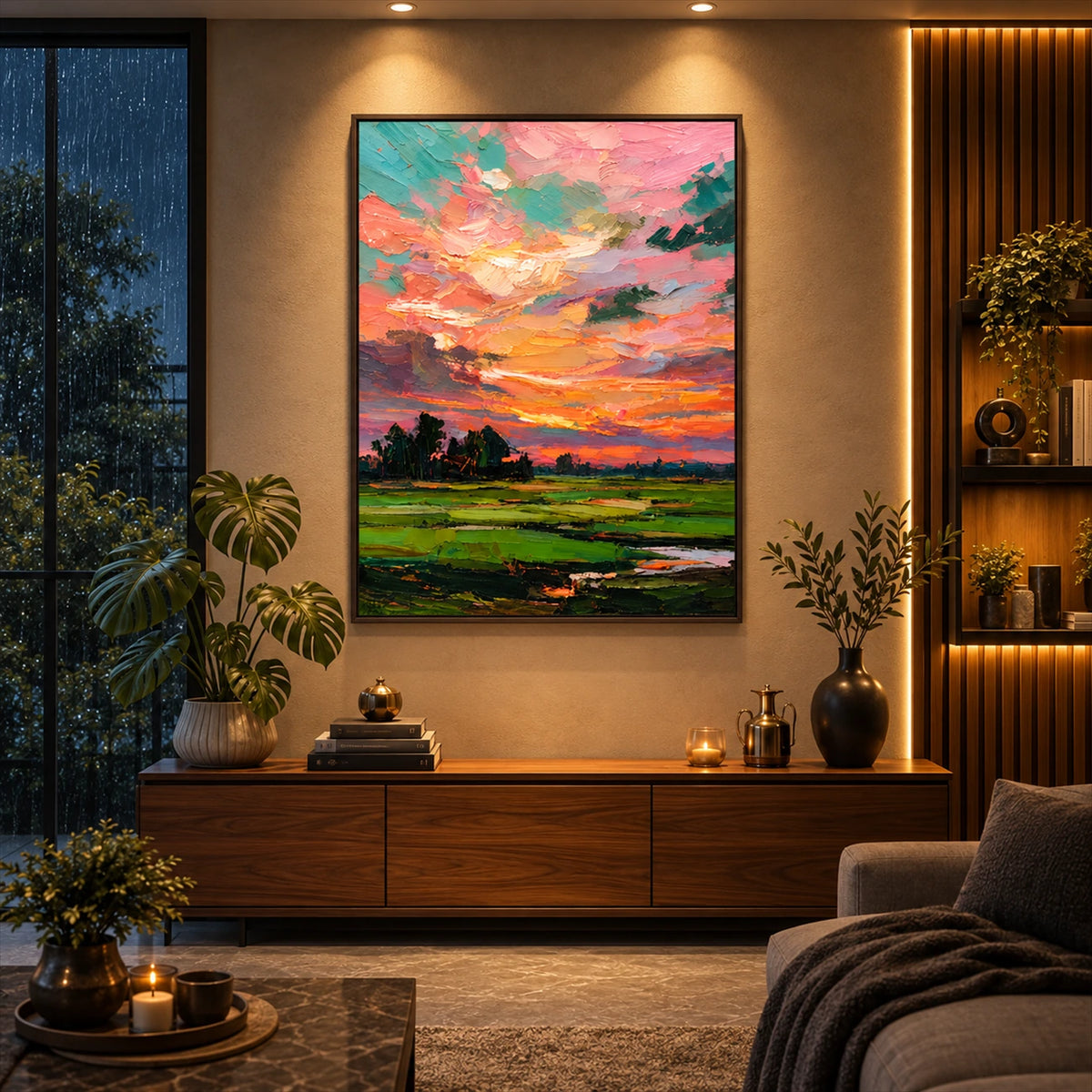 Coral Daybreak artwork displayed above a low wooden cabinet.