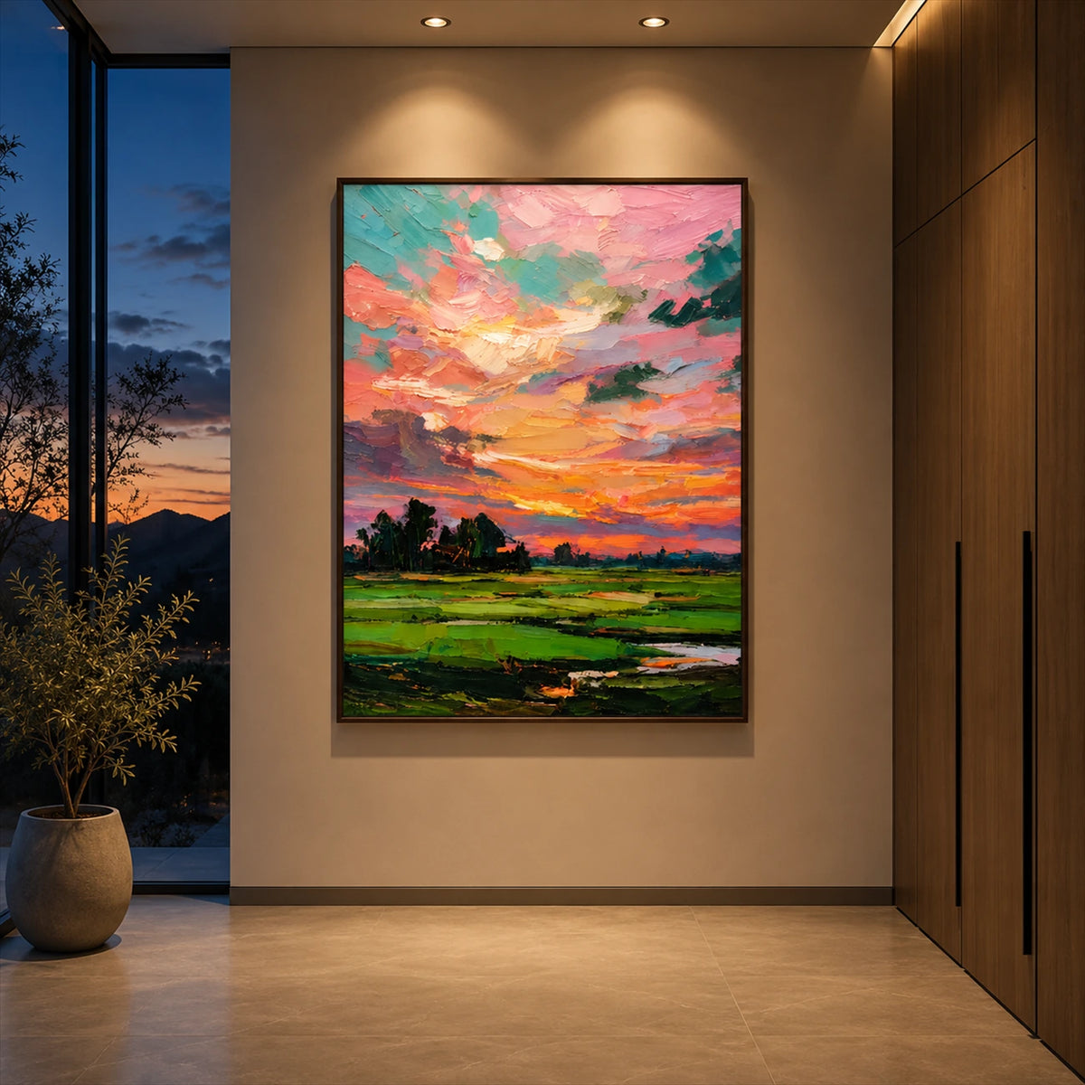 Coral Daybreak artwork displayed on a quiet hallway wall.