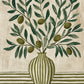 Olive Stripes full artwork. Olive branches fan out from a striped green vase, carrying dark leaves and rounded fruit against a creamy ground.