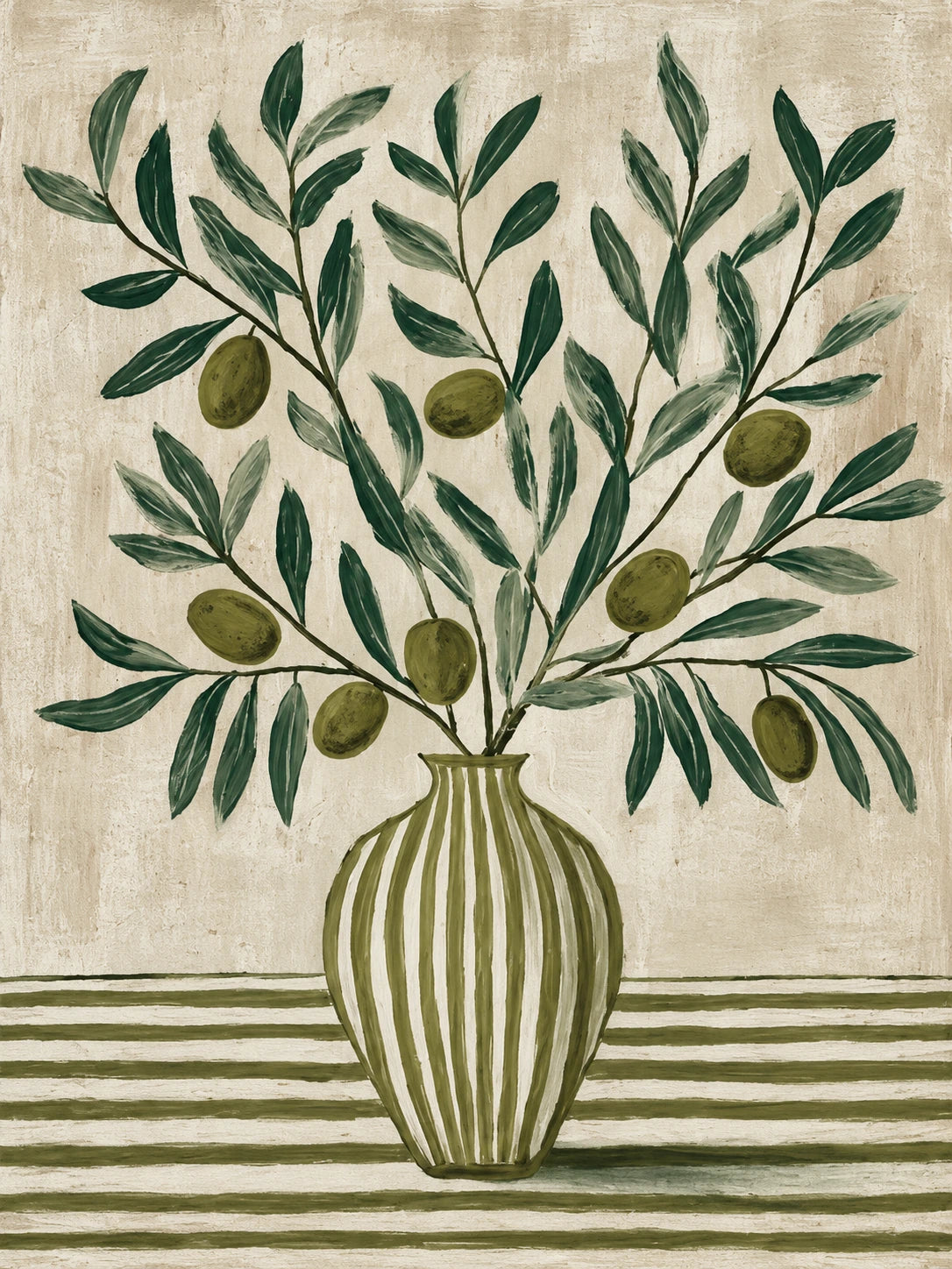 Olive Stripes full artwork. Olive branches fan out from a striped green vase, carrying dark leaves and rounded fruit against a creamy ground.