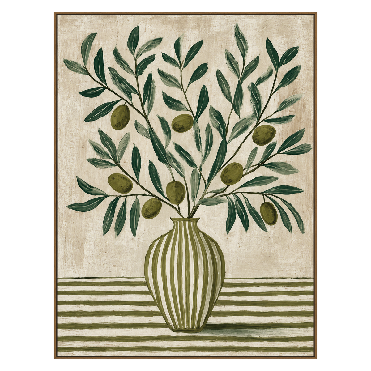 Olive Stripes artwork in a natural wood frame on a transparent background.