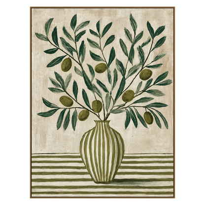 Olive Stripes artwork in a natural wood frame on a transparent background.