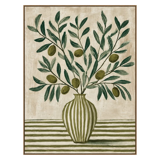 Olive Stripes artwork in a natural wood frame on a transparent background.
