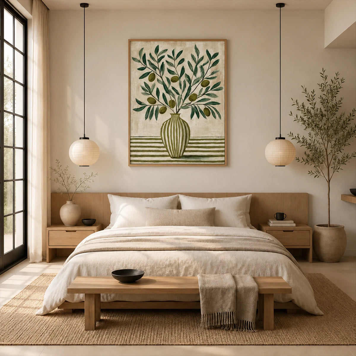 Olive Stripes artwork displayed above a neutral bed.