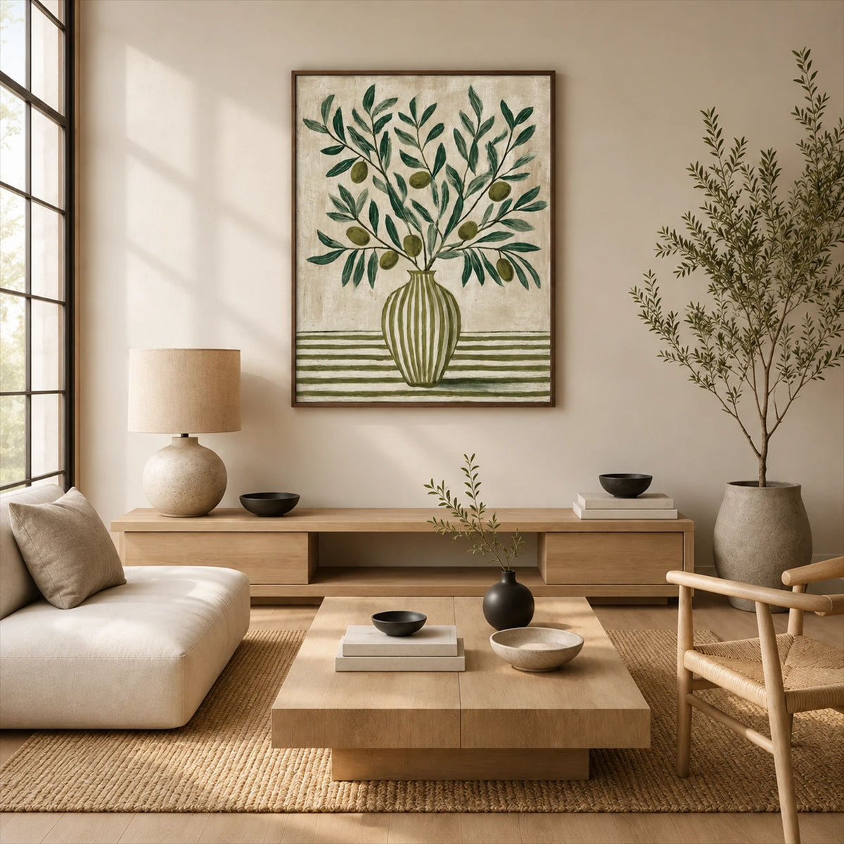 Olive Stripes artwork displayed above a pale sofa and wooden coffee table.