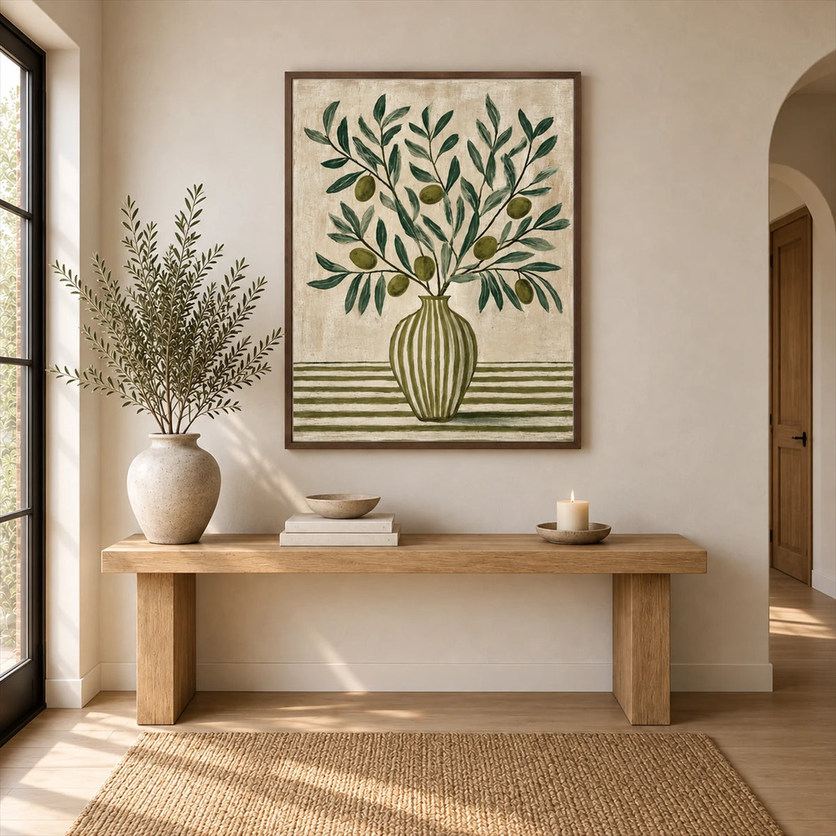 Olive Stripes artwork displayed above a simple wooden entryway table.