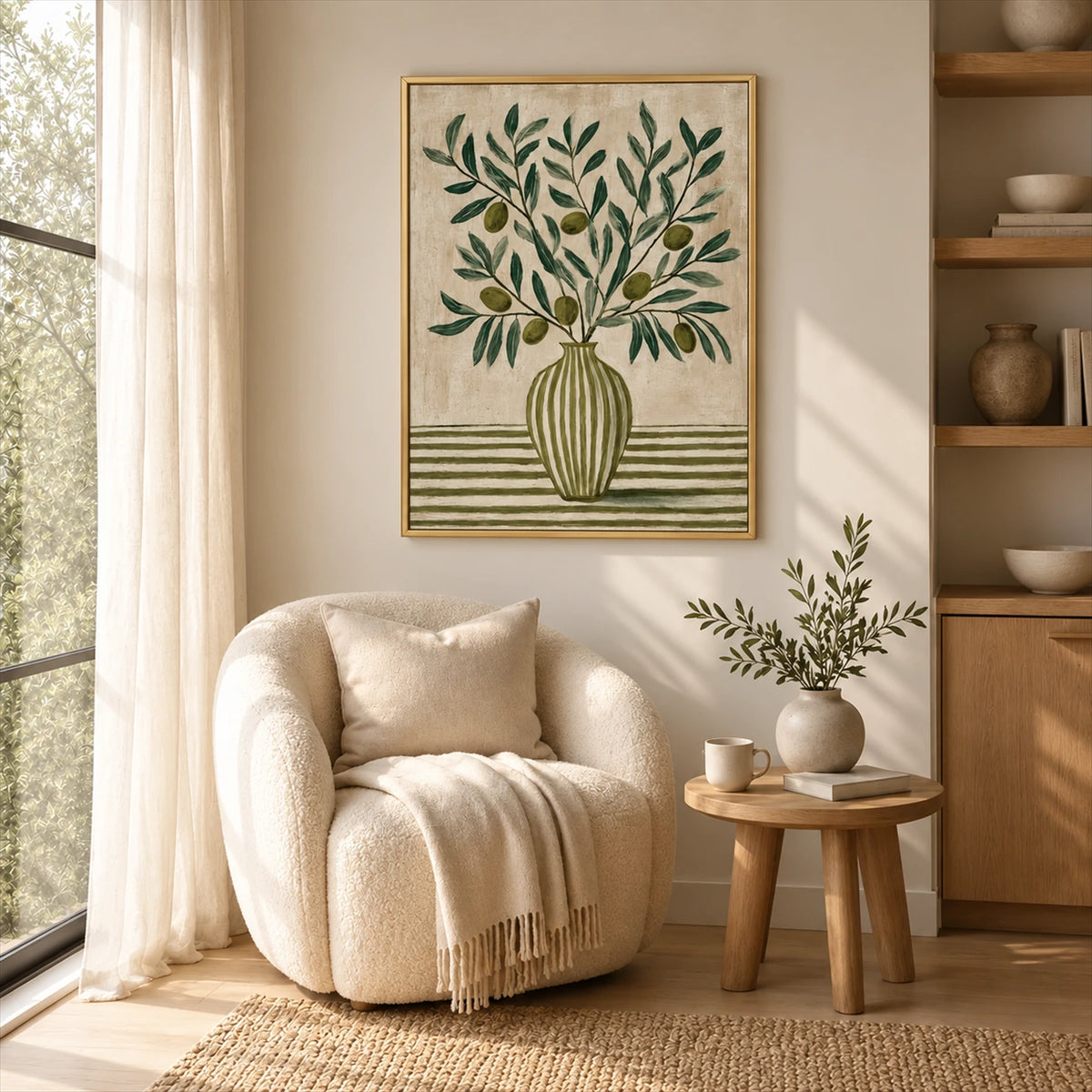 Olive Stripes artwork displayed above a cream armchair beside shelves.