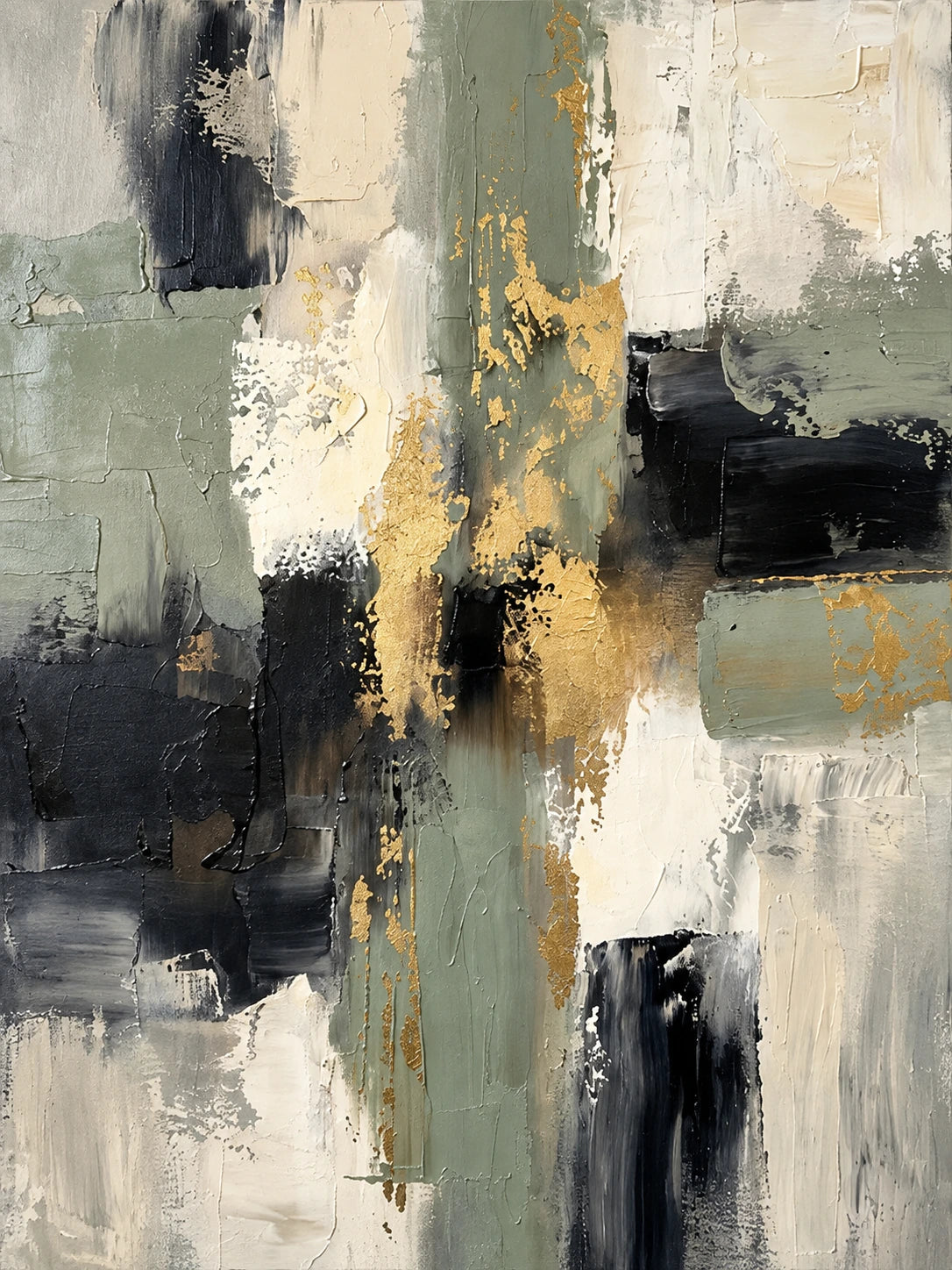 Gilded Junction full artwork. Broad passages of ivory, sage-gray, and charcoal intersect around warm golden accents.