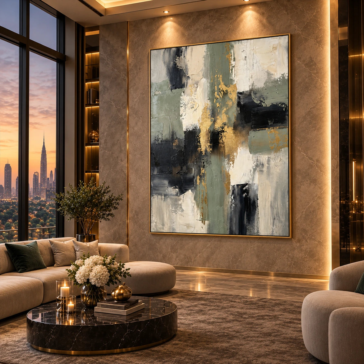 Gilded Junction artwork displayed above neutral lounge seating beside a window.
