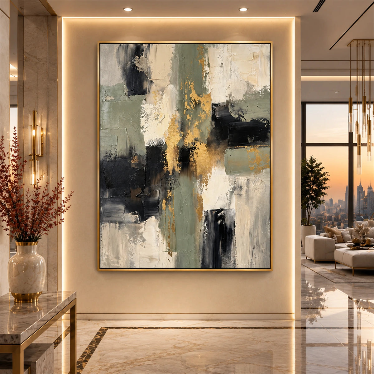 Gilded Junction artwork displayed on a softly illuminated hallway wall.