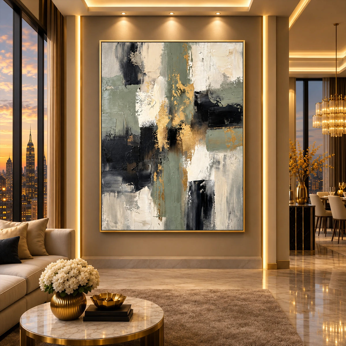 Gilded Junction artwork displayed beside a sofa overlooking city windows.