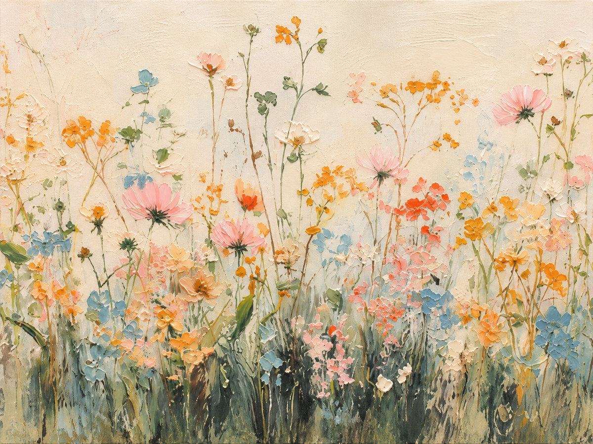 Apricot Meadow full artwork. Delicate apricot, coral, and pale blue flowers rise above a tangle of green stems against a creamy sky.
