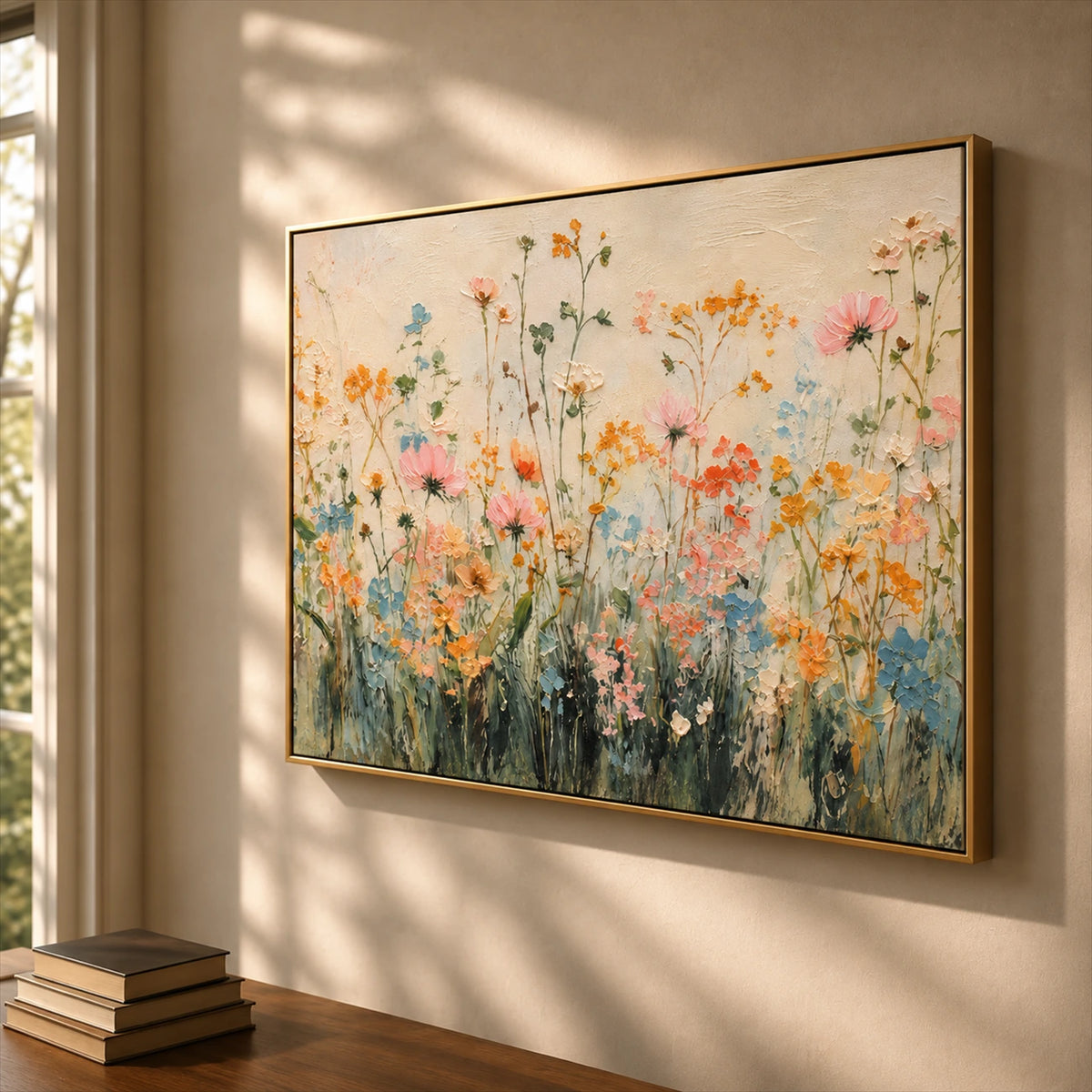 Apricot Meadow artwork displayed on a sunlit wall beside a wooden table.