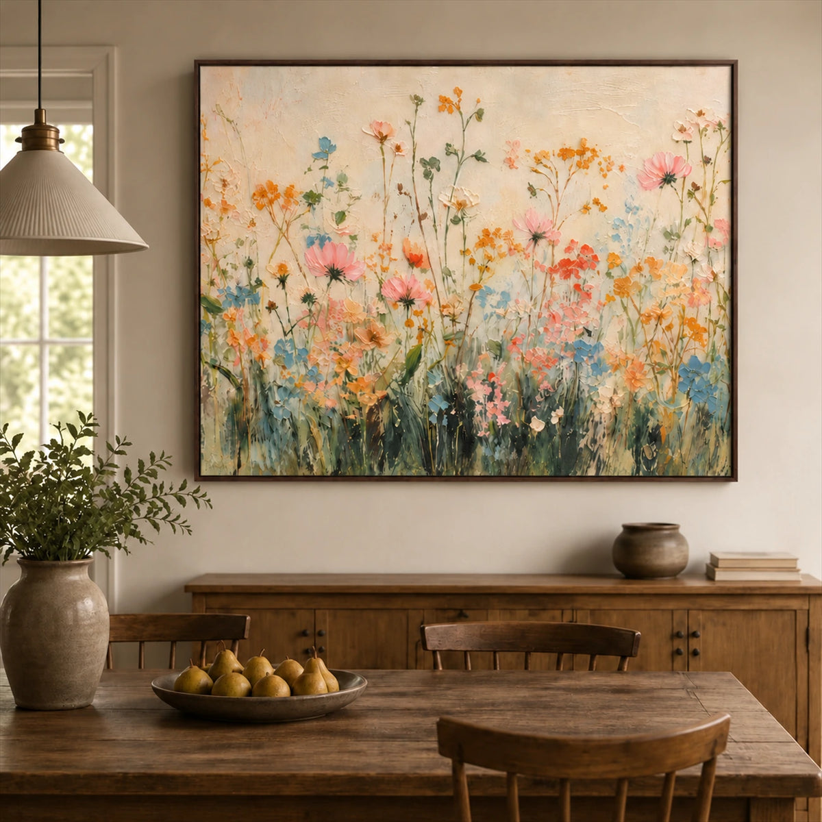 Apricot Meadow artwork displayed above a wooden dining table.