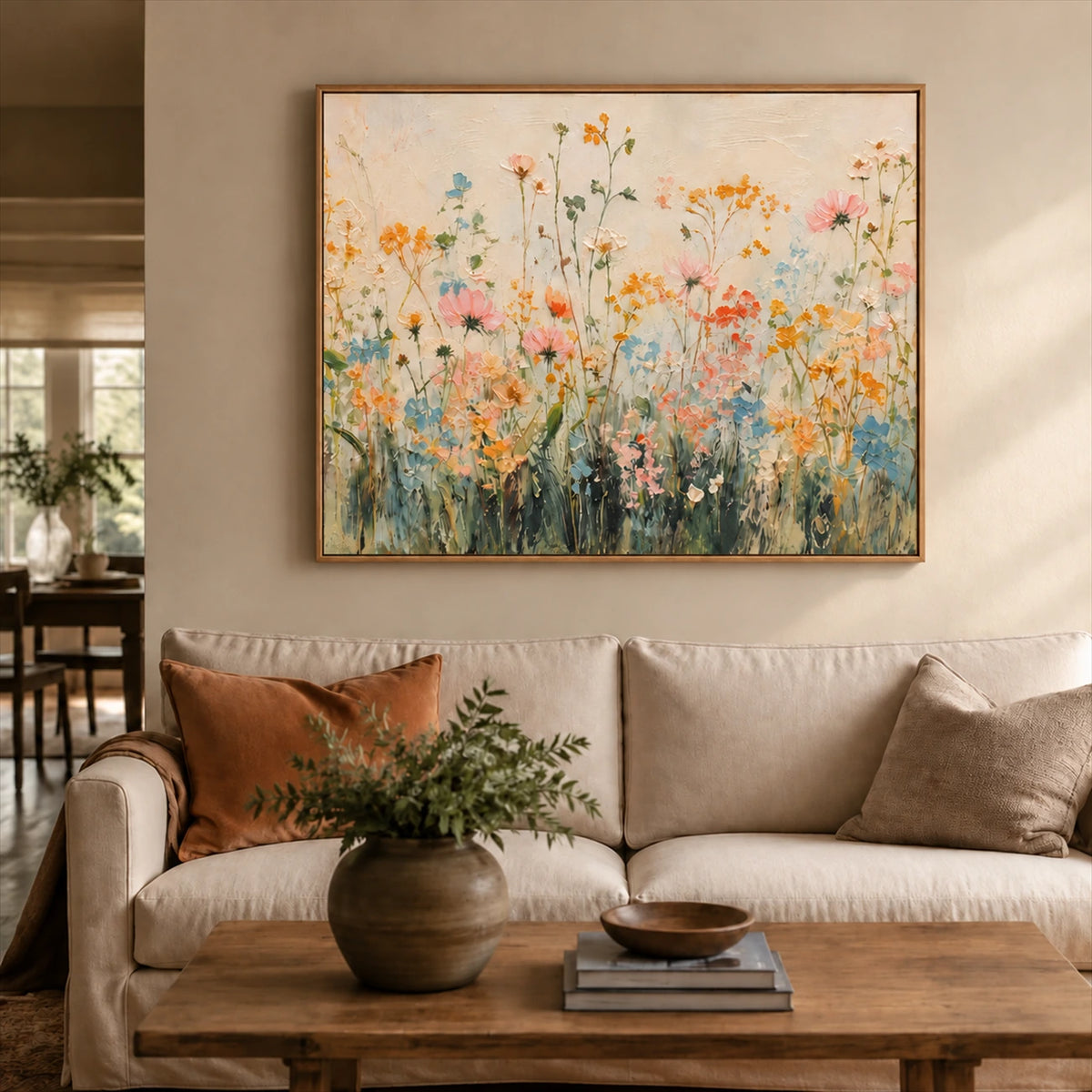Apricot Meadow artwork displayed above a cream sofa.