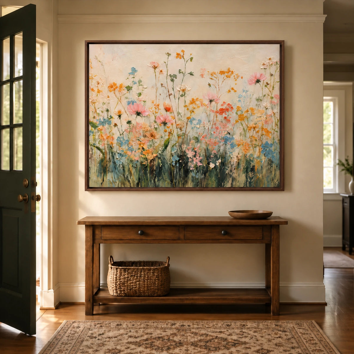 Apricot Meadow artwork displayed above an entryway console.