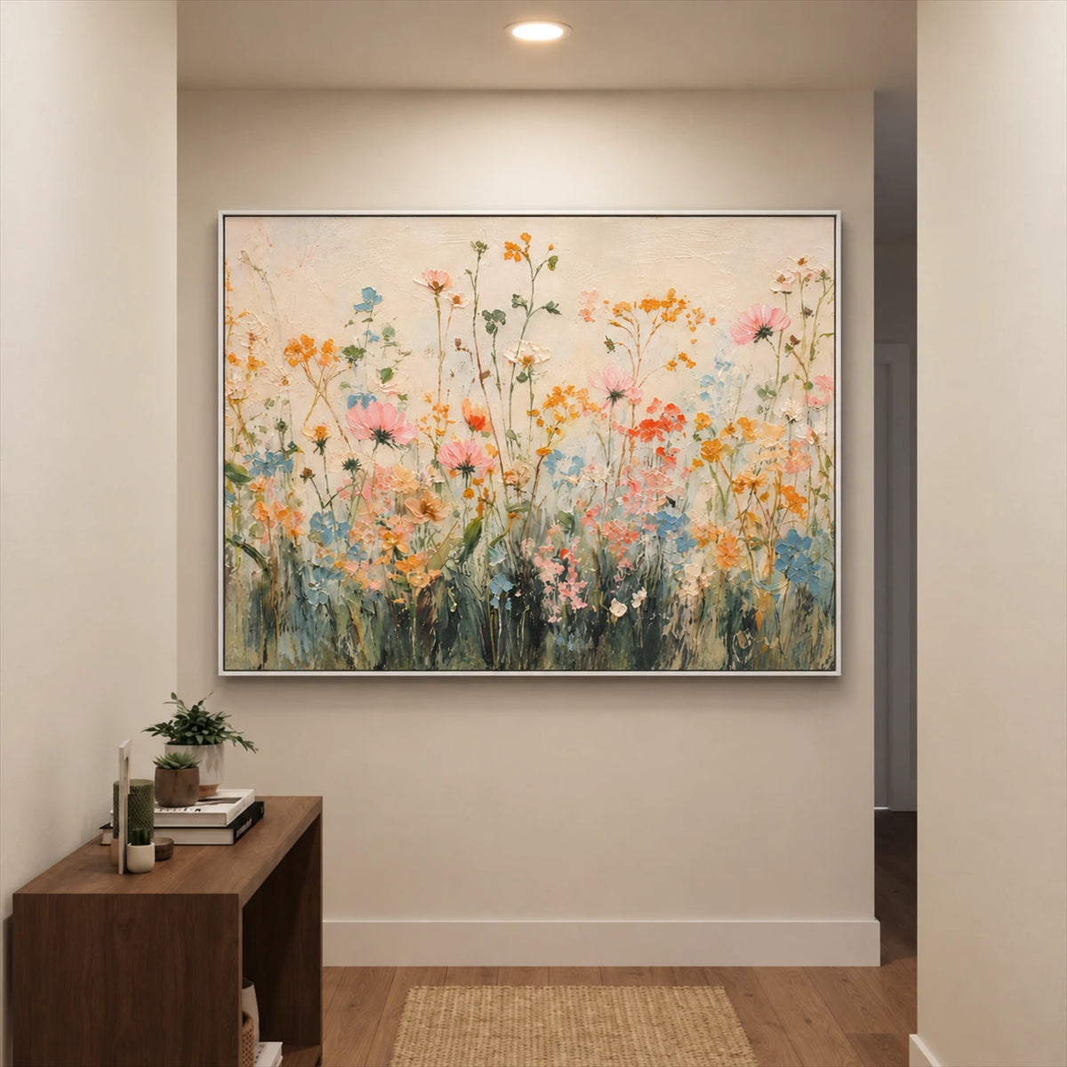 Apricot Meadow artwork displayed above a low console in a hallway.