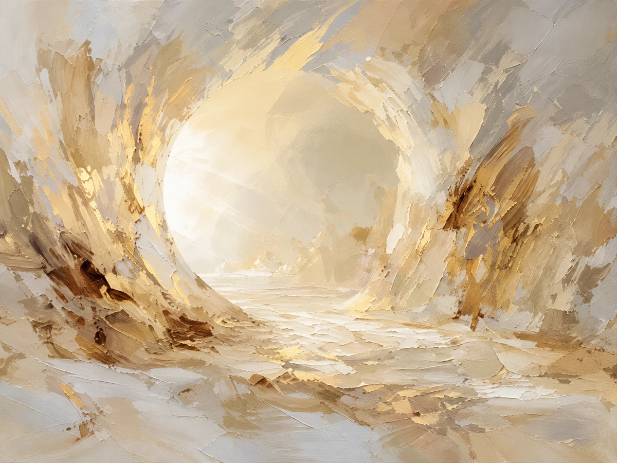 Luminous Hollow full artwork. Sweeping ivory and ochre strokes open around a luminous circular space, suggesting a path through a softly glowing landscape.