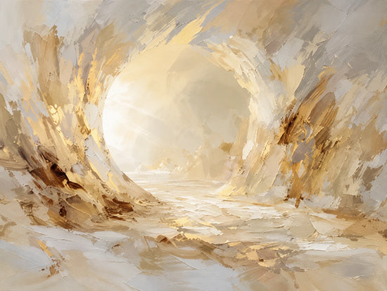 Luminous Hollow full artwork. Sweeping ivory and ochre strokes open around a luminous circular space, suggesting a path through a softly glowing landscape.