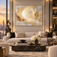 Luminous Hollow artwork displayed above a cream sofa and black stone table.