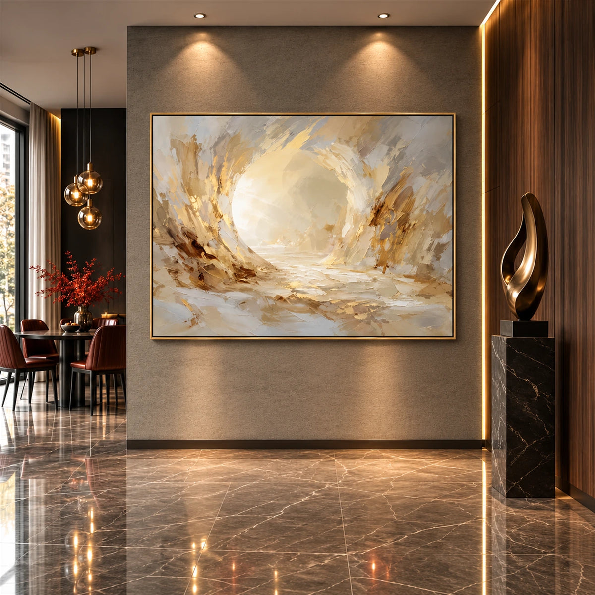 Luminous Hollow artwork displayed on a polished foyer wall.