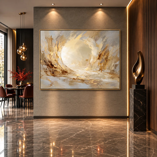 Luminous Hollow artwork displayed on a polished foyer wall.