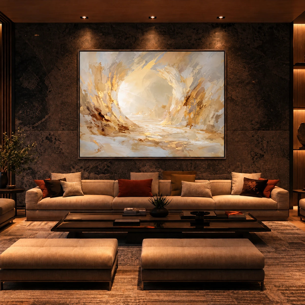 Luminous Hollow artwork displayed above a rust-colored sectional.