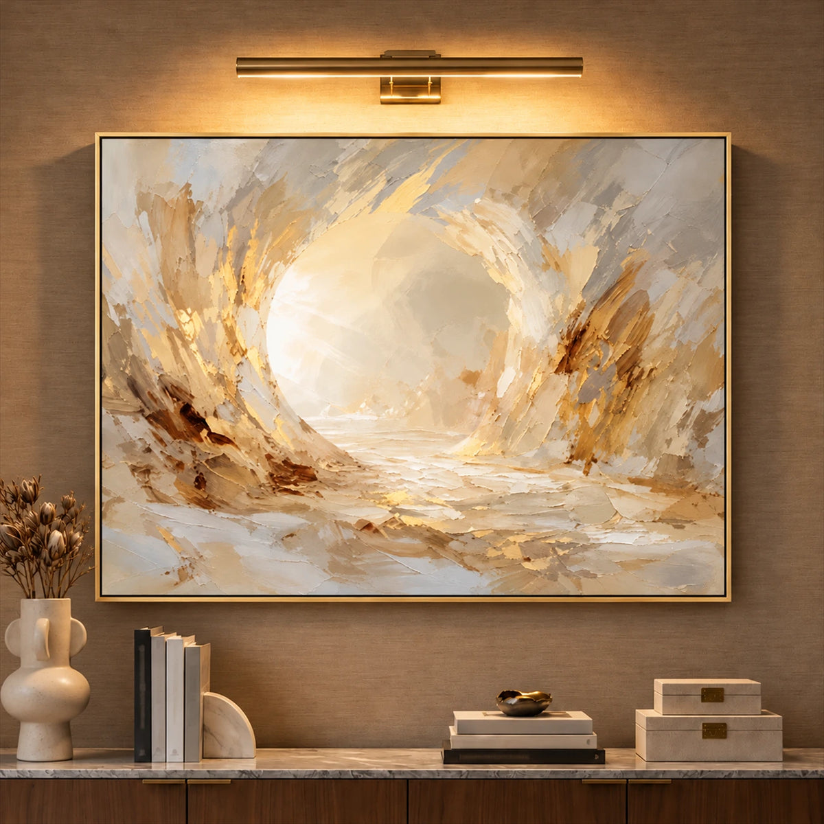 Luminous Hollow artwork displayed above a long wooden console.