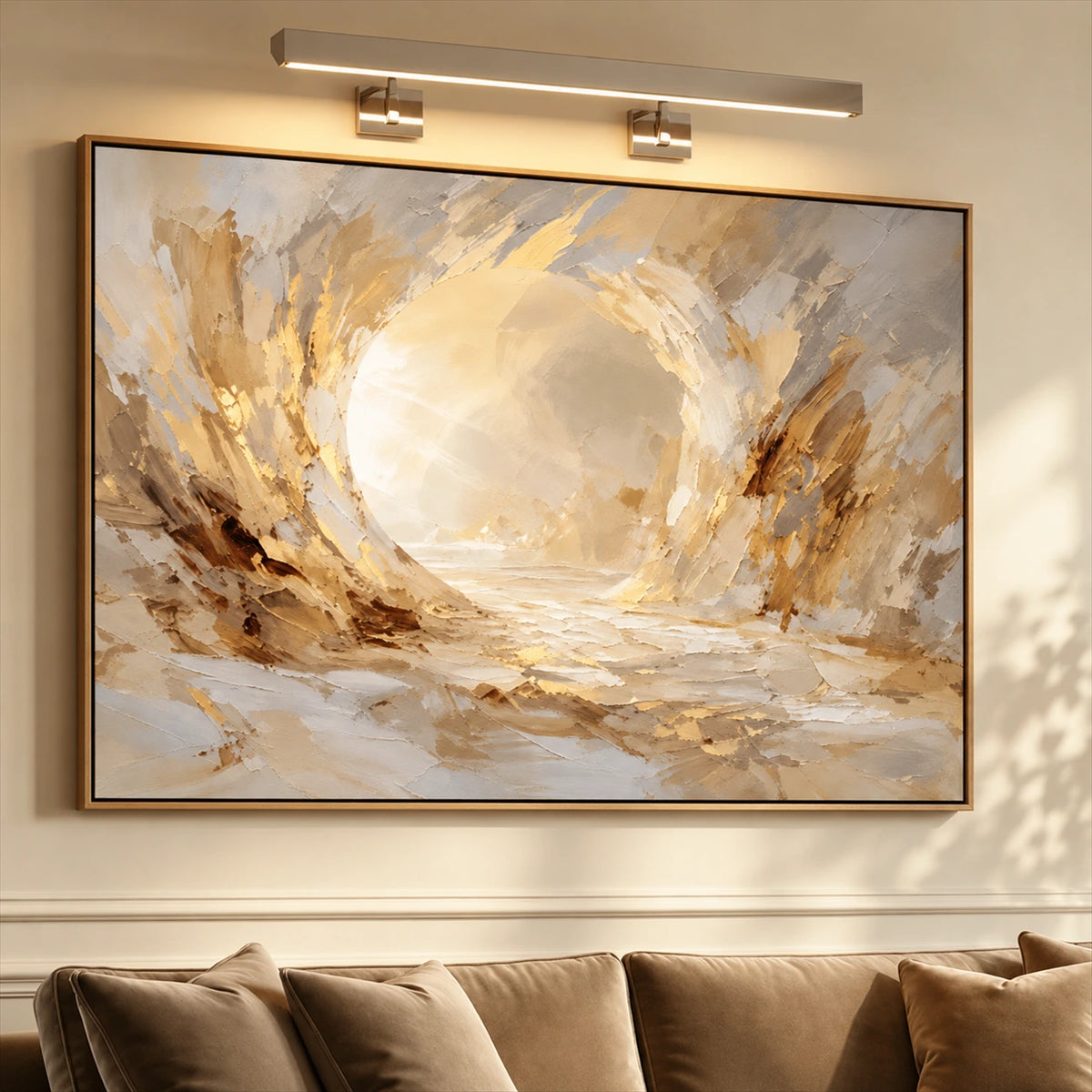 Luminous Hollow artwork displayed above a neutral sofa beneath picture lights.