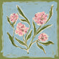 Blush Sprigs full artwork. Pink blossoms and long green leaves stretch across a pale blue ground edged with soft olive color.